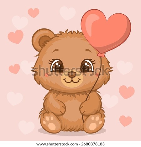 Cute cartoon Brown Bear with heart shaped balloon. Kawaii Vector illustration of an animal on a pink background with hearts.