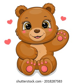 Cute cartoon brown bear and hearts. Vector illustration of an animal on a white background.