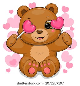 Cute cartoon brown bear with hearts. Vector illustration of animals on a white background with many pink hearts.