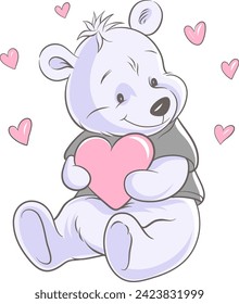 Cute cartoon brown bear with hearts. Vector illustration of animals on a white background with many pink hearts.
