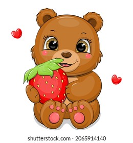 Cute cartoon brown bear holding a strawberry. Vector illustration of an animal on a white background with hearts.