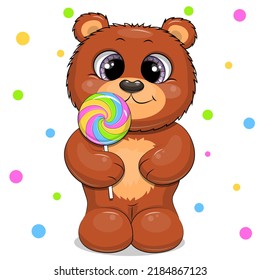 Cute cartoon brown bear holding candy. Vector illustration of an animal on a white background with colorful dots.