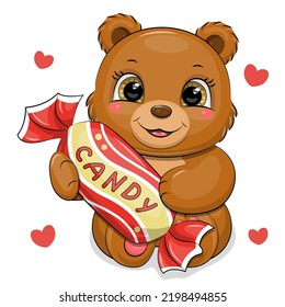 Cute Cartoon Brown Bear Holding Candy. Vector Illustration Of An Animal On A White Background.