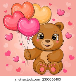 Cute cartoon brown bear holding heart shaped balloons. Vector illustration of an animal on a pink background with hearts.