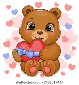 Cute cartoon brown bear holding a heart with blue ribbon. Vector illustration of an animal on a white background with many pink hearts.