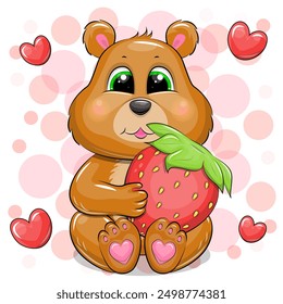 Cute cartoon brown bear holding a strawberry. Vector illustration of an animal on a pink background.