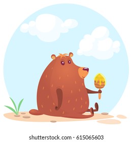 Cute cartoon brown bear holding honey wooden stick. Vector illustration of a bear sitting isolated on simple and nice design. 