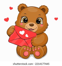 Cute cartoon brown bear holds a red love letter. Vector animal illustration on white background with hearts.