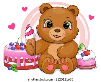 Cute cartoon brown bear with ice cream and cakes. Vector illustration of an animal on a pink background with hearts.