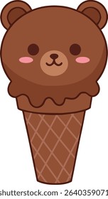 Cute cartoon brown bear ice cream cone vector illustration on white background