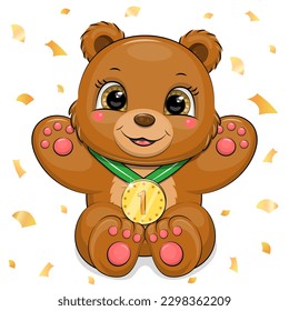 Cute cartoon brown bear with a medal. Vector illustration of an animal on a white background with golden confetti.