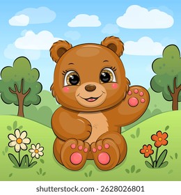 Cute cartoon brown Bear in nature. Vector illustration of an animal with red flowers, green grass and trees.