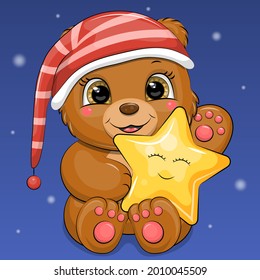 A Cute Cartoon Brown Bear In A Night Cap Is Holding A Star. Night Animal Vector Illustration On Blue Background.