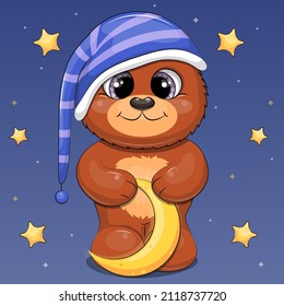 Cute cartoon brown bear in a nightcap is holding the moon. Night vector illustration of an animal on a dark blue background with stars.