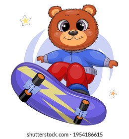 Cute cartoon brown bear on skateboard. Cool and colorful vector illustration of animal.