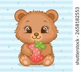 Cute Cartoon Brown Bear with Pink Hair Bow and Strawberry. Kawaii Vector Illustration of animal on a stripped Blue background.