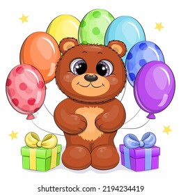 Cute cartoon brown bear with rainbow balloons and gifts. Festive animal vector illustration isolated on white background.