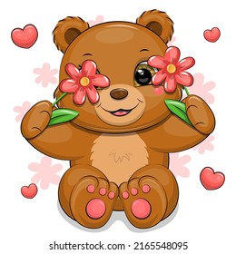 Cute cartoon brown bear with red flowers and hearts. Vector illustration of an animal on a white background with flowers.