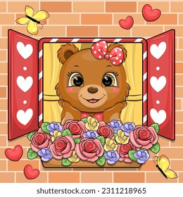 A cute cartoon brown bear with a red hair bow looks out the window with yellow curtains and roses. Vector illustration of an animal on a brick wall background.