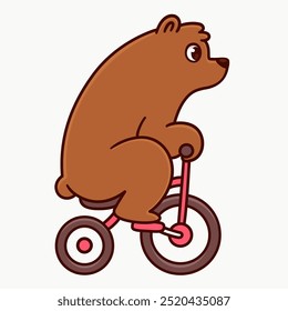 Cute cartoon brown bear riding bicycle.  Simple vector clip art illustration.