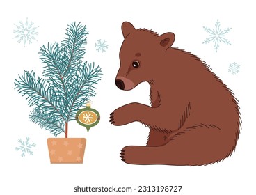 Cute cartoon brown bear sitting near the Christmas tree. Winter vector modern illustration with snowflakes.