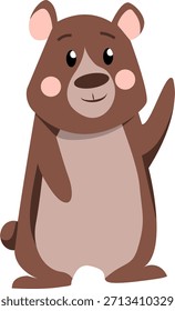 Lindo oso marrón de dibujos animados de pie y saludando. Diseño amigable de personajes de animales para libros infantiles, carteles, pegatinas, juguetes y materiales educativos. Ilustración vectorial sobre fondo blanco.