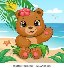 A cute cartoon brown bear with a tropical flower and a Hawaiian green skirt is sitting on the beach. Summer vector illustration of an animal in nature with sea, sand, sun and palm.