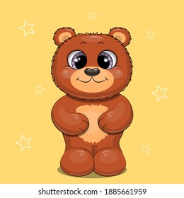 Cute cartoon brown bear. Vector illustration of animal on the yellow bacground. 