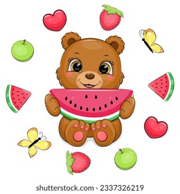 Cute cartoon brown bear with a watermelon in a fruit frame. Vector illustration of an animal with a watermelon, a green apple, a strawberry, a red heart and a yellow butterfly on a white background.