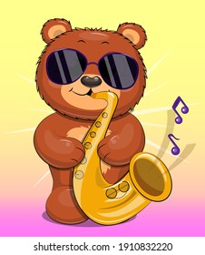 A cute cartoon brown bear wearing sunglasses plays the saxophone. Vector illustration of an animal on a colorful background.