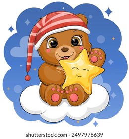 Cute cartoon brown bear is wearing a nightcap and holding a yellow star, and sitting on a cloud. Night vector illustration on a dark blue background.