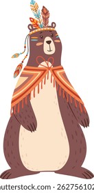 Cute cartoon brown bear wearing a vibrant native American poncho and a feathered headdress, standing proudly against a clean white background, exuding charm and playfulness