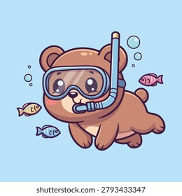 Cute Cartoon Brown Bear Wearing Snorkel and Diving Mask Swimming with Colorful Fish Vector Illustration