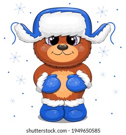 Cute cartoon brown bear in winter blue hat with with ear flaps, gloves and boots. Winter vector illustration on white background with snowflakes.