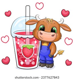 Cute cartoon brown bull with a big strawberry drink. Vector illustration of an animal and a cup of red water on a white background with red hearts.