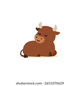 Cute cartoon brown bull resting