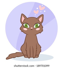 Cute cartoon brown cat on purple background with hearts. Vector illustration