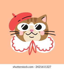 Cute cartoon brown cat with a red beret, sunglasses and white collar. Hand drawn vector illustration. Funny cool pet character card template.