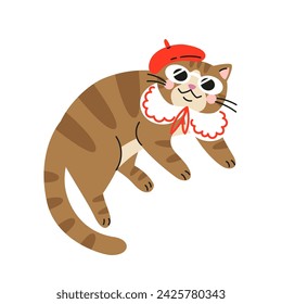 Cute cartoon brown cat with red beret, sunglasses and white collar. Stylish tabby kitten. Hand drawn vector illustration. Funny cool pet character card template.