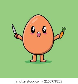 Dibujo lindo personaje de huevo marrón lindo sosteniendo cuchillo y zanahoria en un diseño de estilo moderno