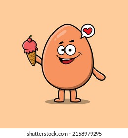 Cute Cartoon brown cute egg character holding ice cream cone