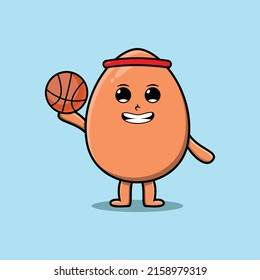 Caricatura ligera lindo personaje de huevo marrón jugando baloncesto
