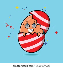 Cute cartoon brown cute egg character coming out from easter egg look so happy in illustration