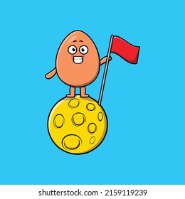 Cute cartoon Brown cute egg character standing on the moon with flag in 3d modern design