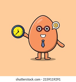 Cute cartoon brown cute egg character holding clock with happy expression