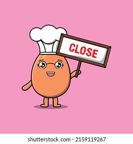 Cute cartoon brown cute egg chef character holding close sign designs in concept 3d cartoon style