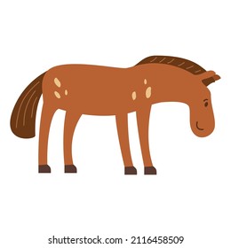 Cute cartoon brown horse hand drawn.Abstract nursery horse smiling.Isolated on a blue background. Vector flat illustration.