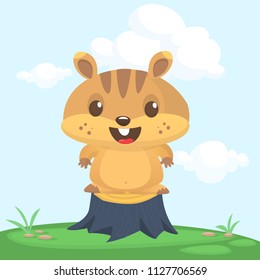 Cute cartoon brown marmot standing on the stump in the meadow bacground. Groundhog Day isolated vector illustration.