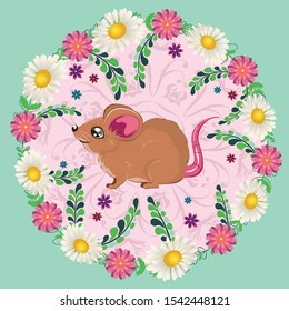 Cute cartoon brown mouse or rat with colorful flowers and leaves.