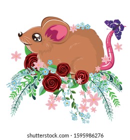 Cute cartoon brown mouse or rat with colorful flowers and leaves.